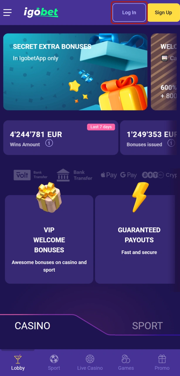 Open de app en tik op de knop om te starten met Igobet inloggen.