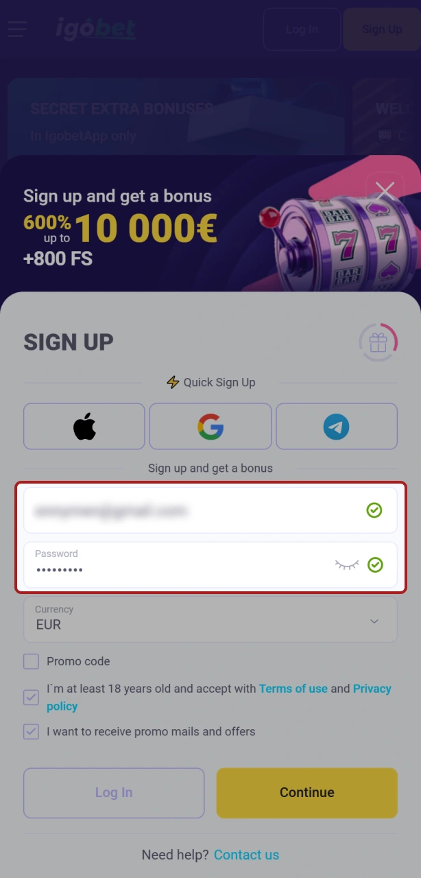 Vul je persoonlijke gegevens in om het proces voor de Igobet registratie te voltooien.