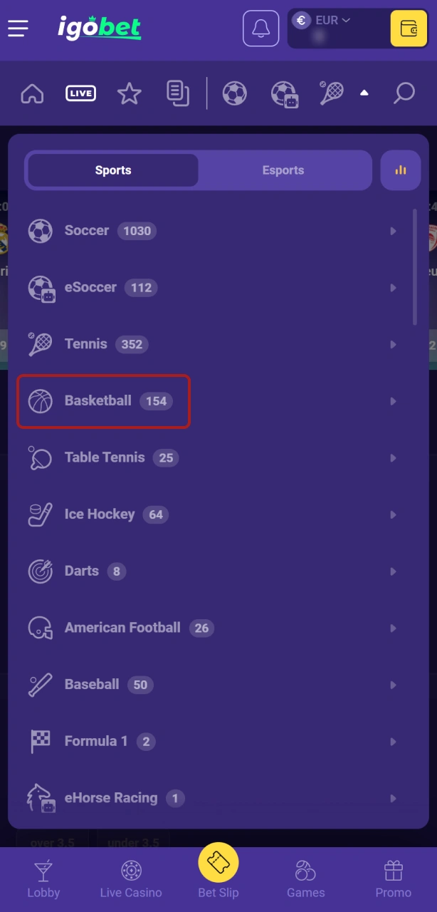 Navigeer naar de basketbal sectie binnen de officiële Igobet basketbal omgeving.