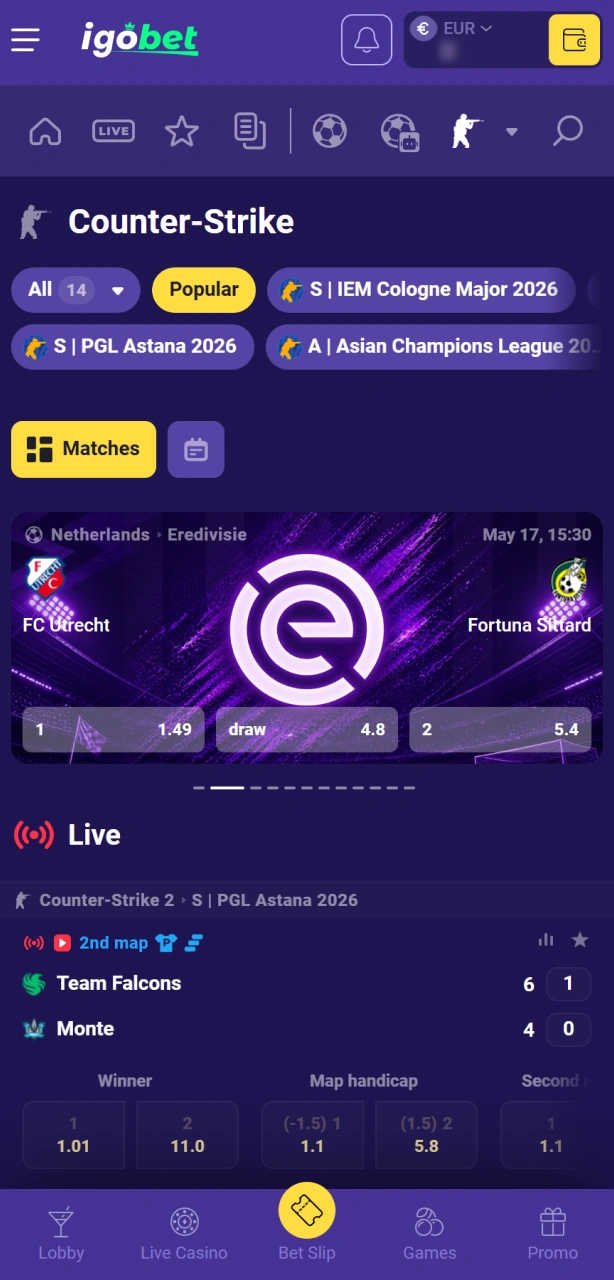 Navigeer naar de Esports-sectie bij IgoBet om de beste CS2 markten te vinden.