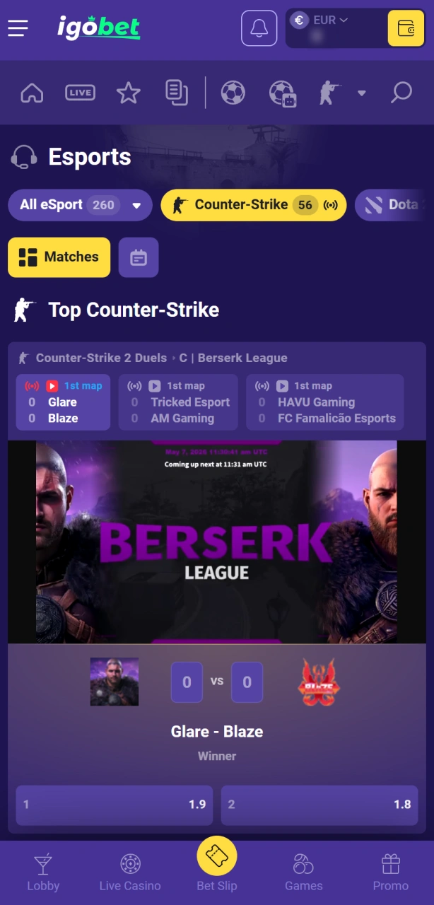 Navigeer naar het uitgebreide esports-aanbod binnen de officiële IgoBet esports omgeving.