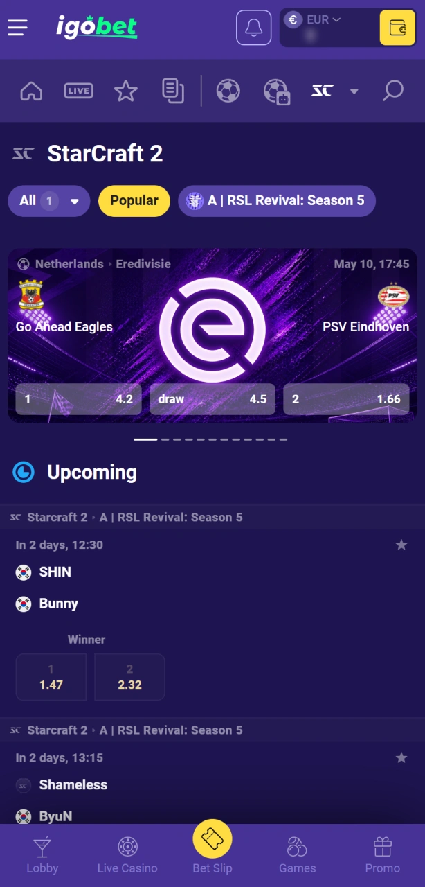Ga naar het uitgebreide esports-aanbod binnen de gebruiksvriendelijke IgoBet omgeving.