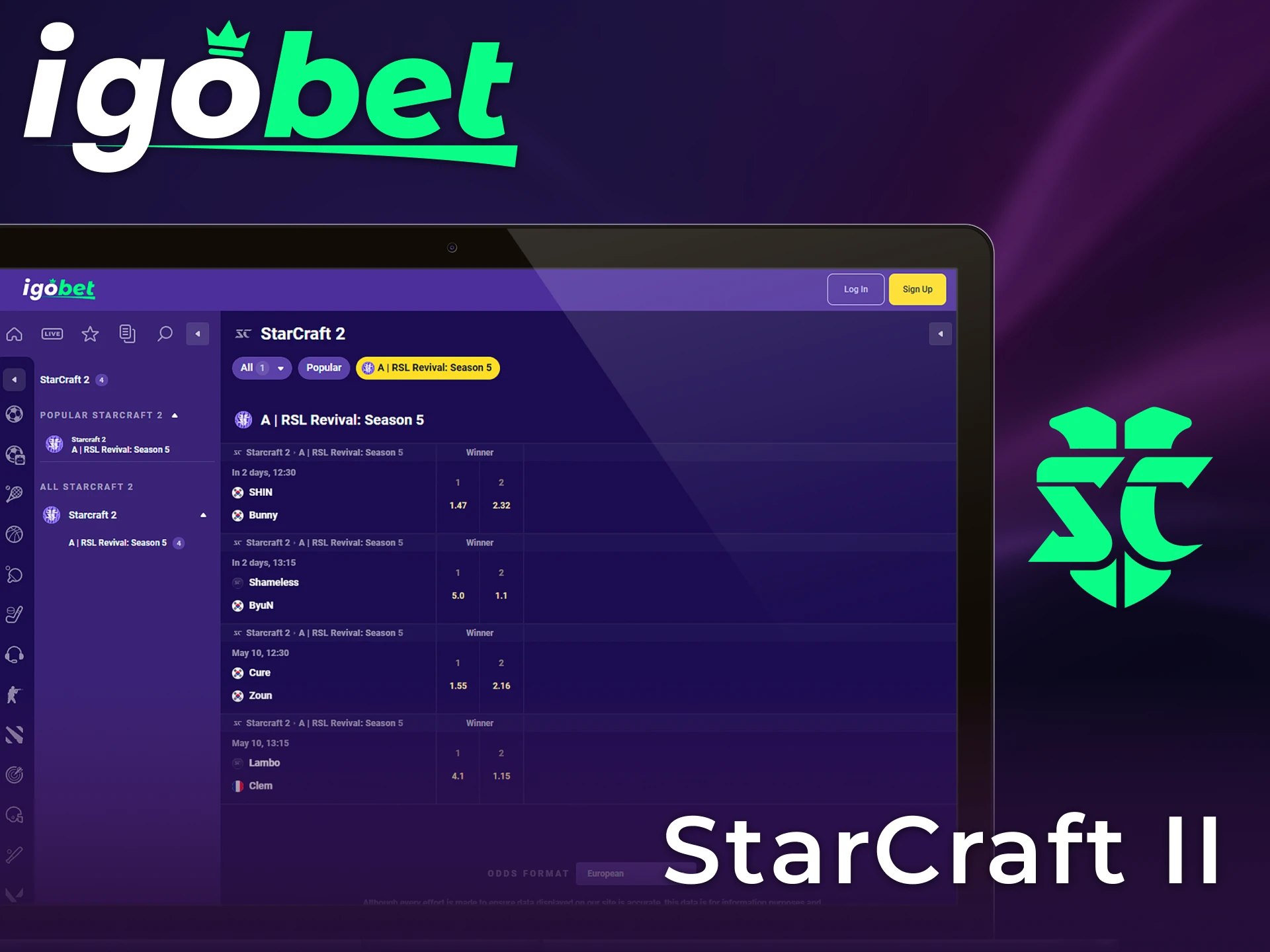 Wed op de strategische matches van StarCraft II binnen de officiële IgoBet esports sectie.