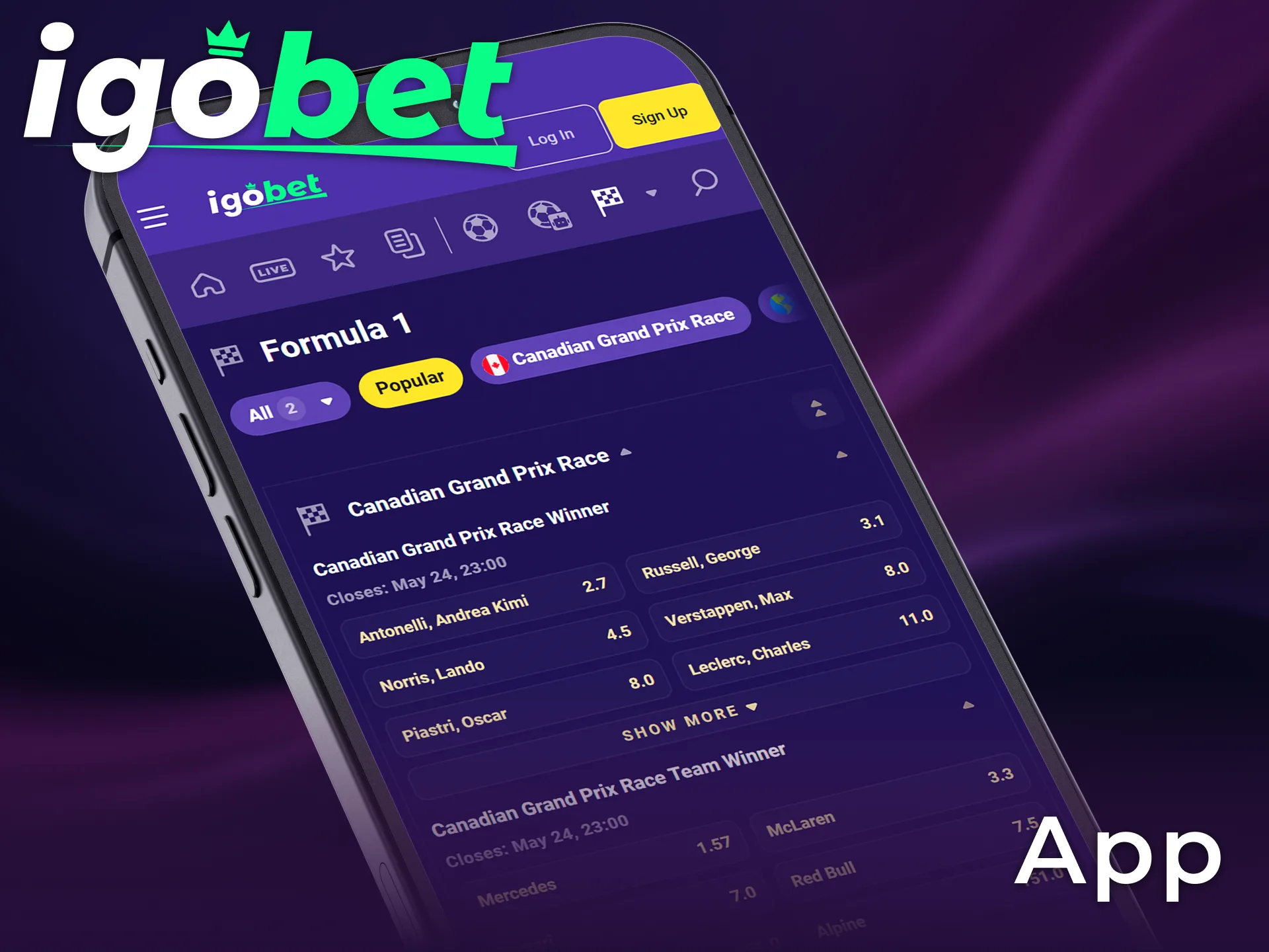 Download de officiële IgoBet Formule 1 app om live op races te wedden.