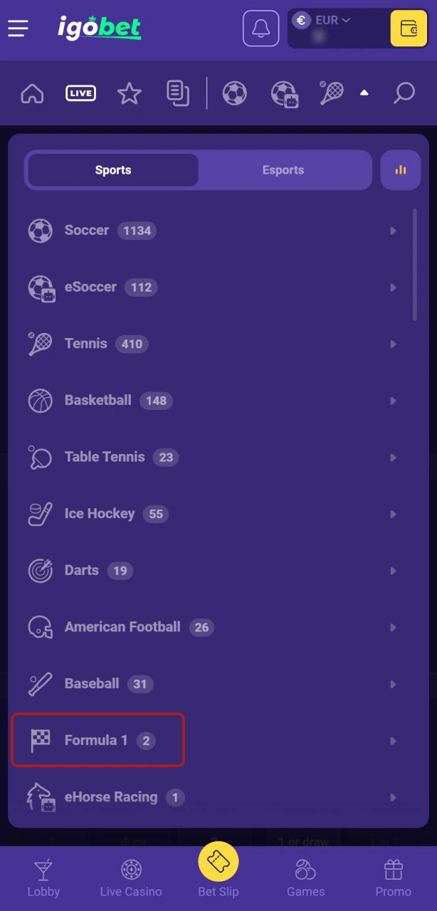 Navigeer naar de specifieke Formule 1 sectie binnen het officiële IgoBet platform.
