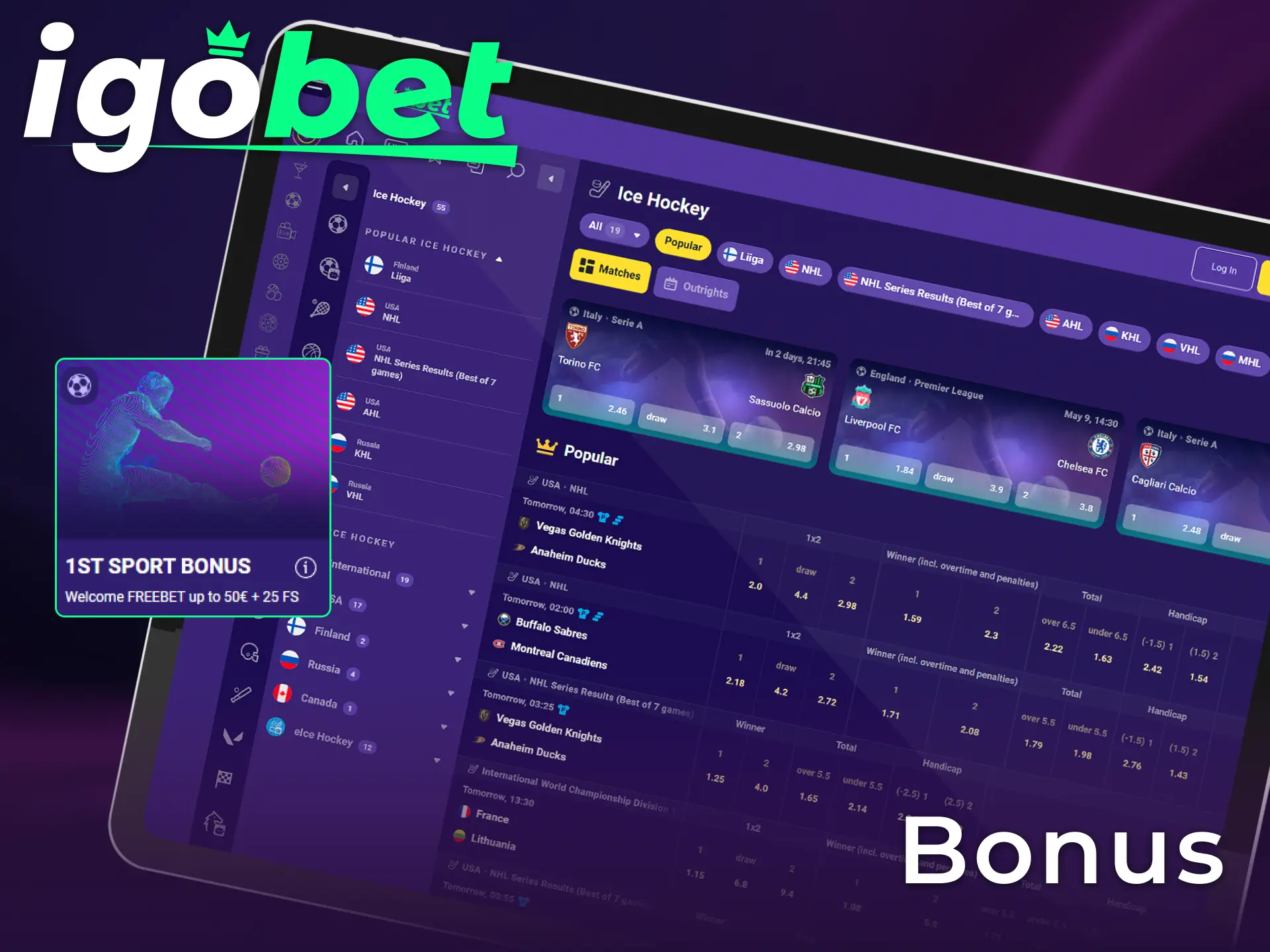 Claim een 100% Welcome Bonus voor al je ijshockey weddenschappen bij het merk IgoBet.