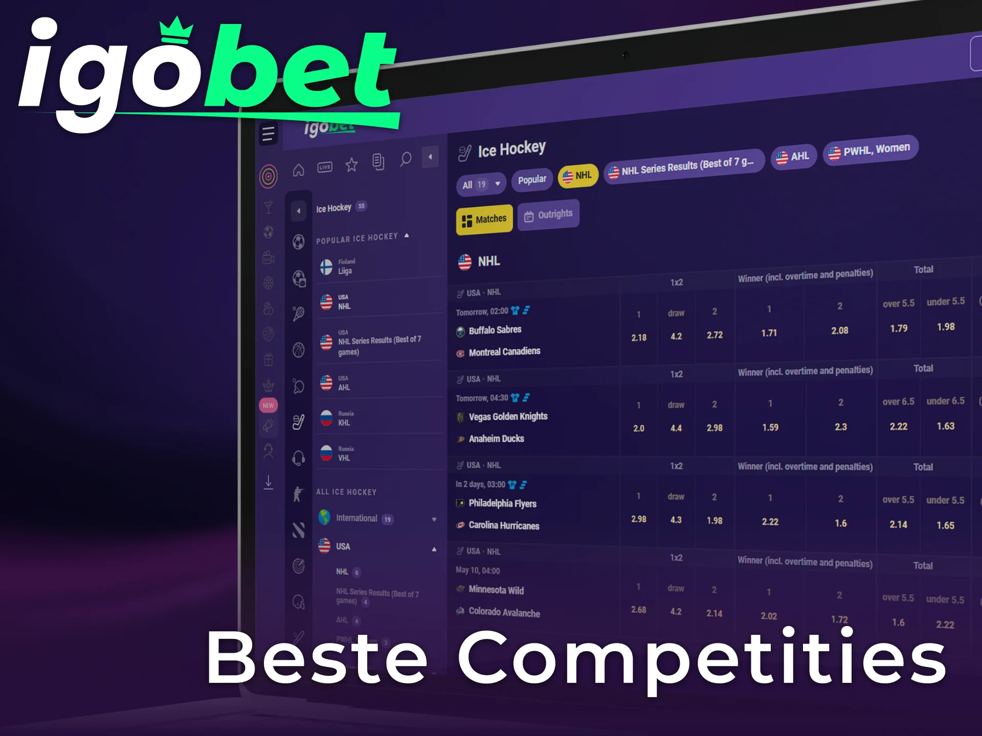 Wed op de beste ijshockeylanden en internationale competities via de officiële IgoBet hockey sectie.