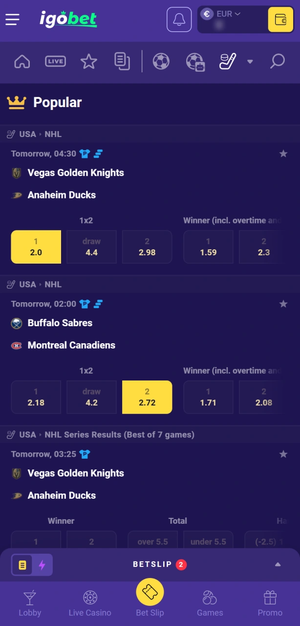 Selecteer een markt voor de spannendste ijshockey wedstrijden via het IgoBet platform.