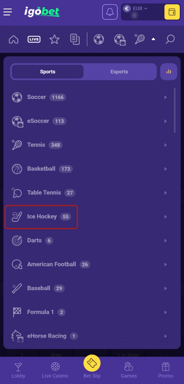 Navigeer naar de ijshockey sectie binnen de overzichtelijke interface van de IgoBet app.