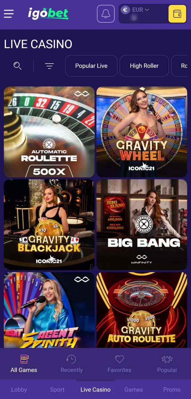 Open de live sectie bij IgoBet en kies een tafel naar keuze om te winnen.