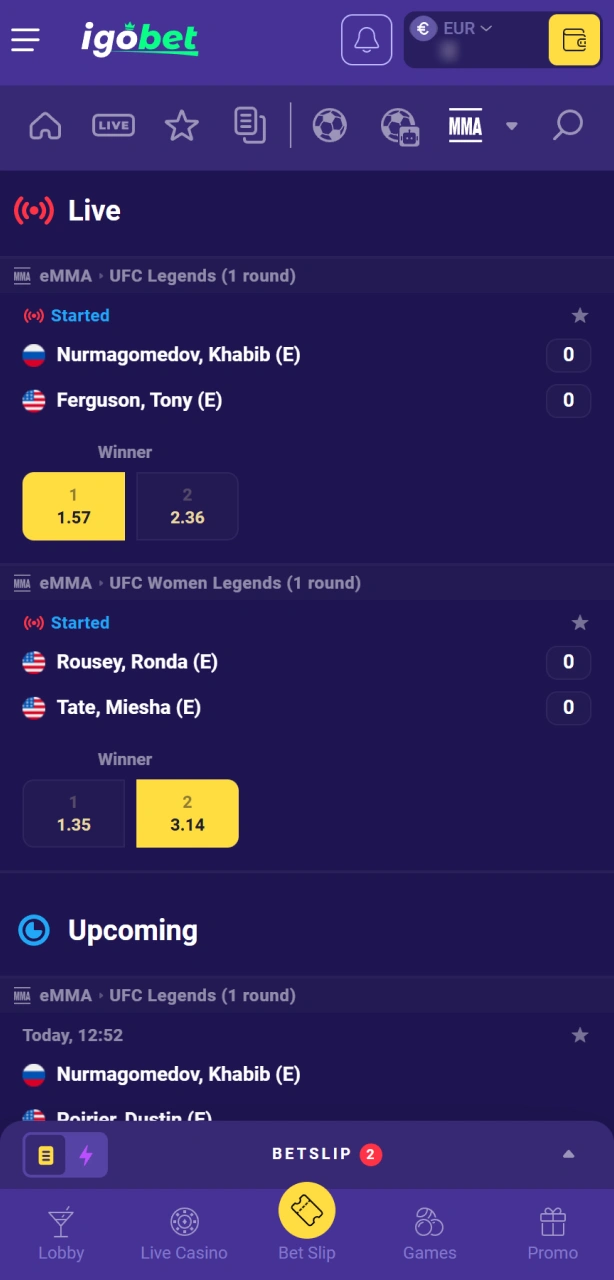 Kies een interessante markt voor MMA gevechten via het IgoBet platform.