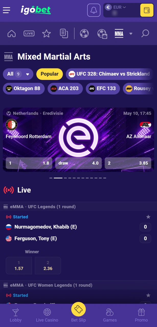 Navigeer naar de MMA sectie binnen de interface van de IgoBet app.