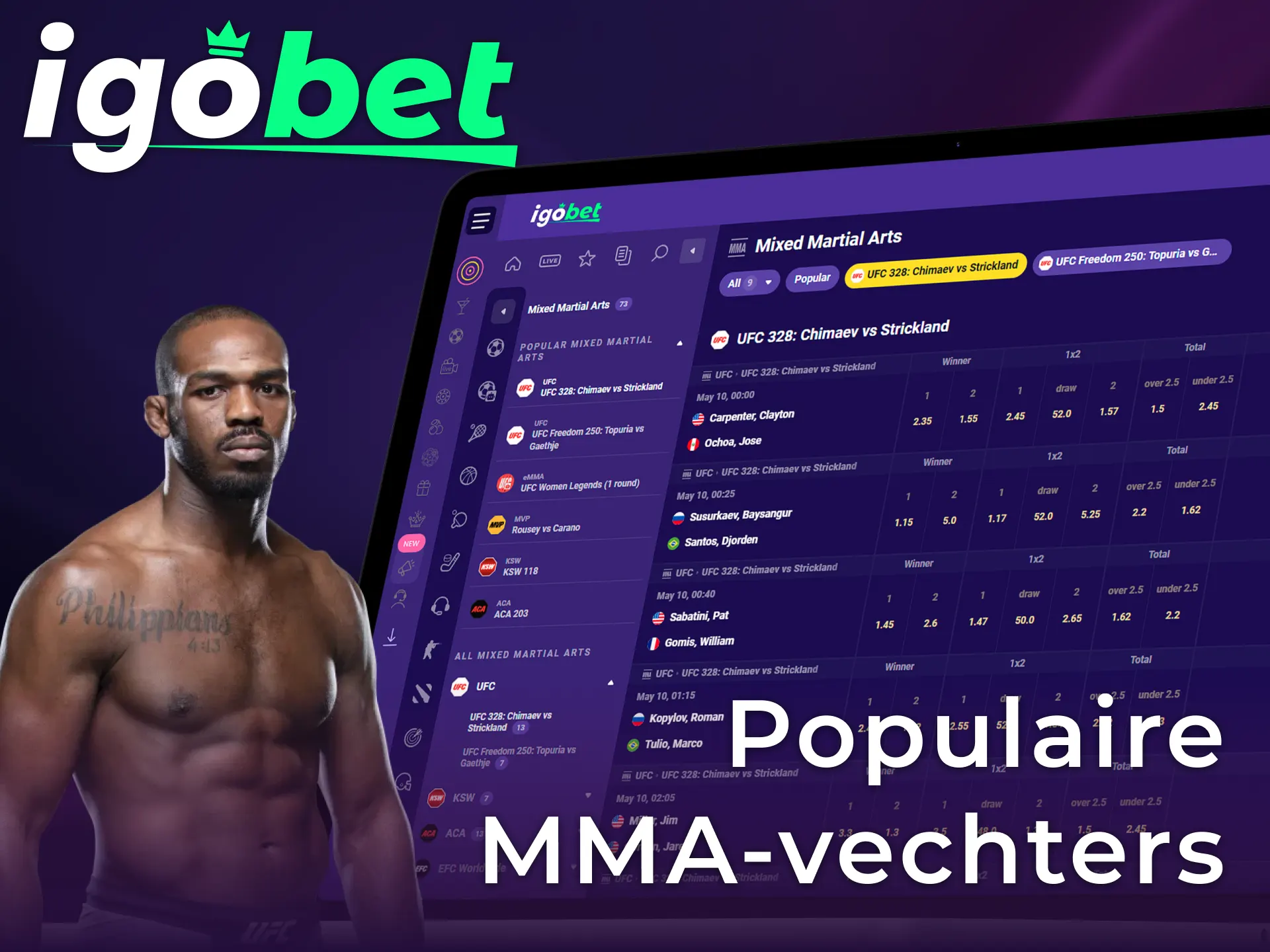 Wed op de meest populaire MMA-vechters via de handige IgoBet MMA interface.