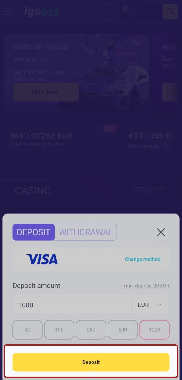 Bevestig de transactie bij IgoBet om direct te kunnen spelen of wedden.