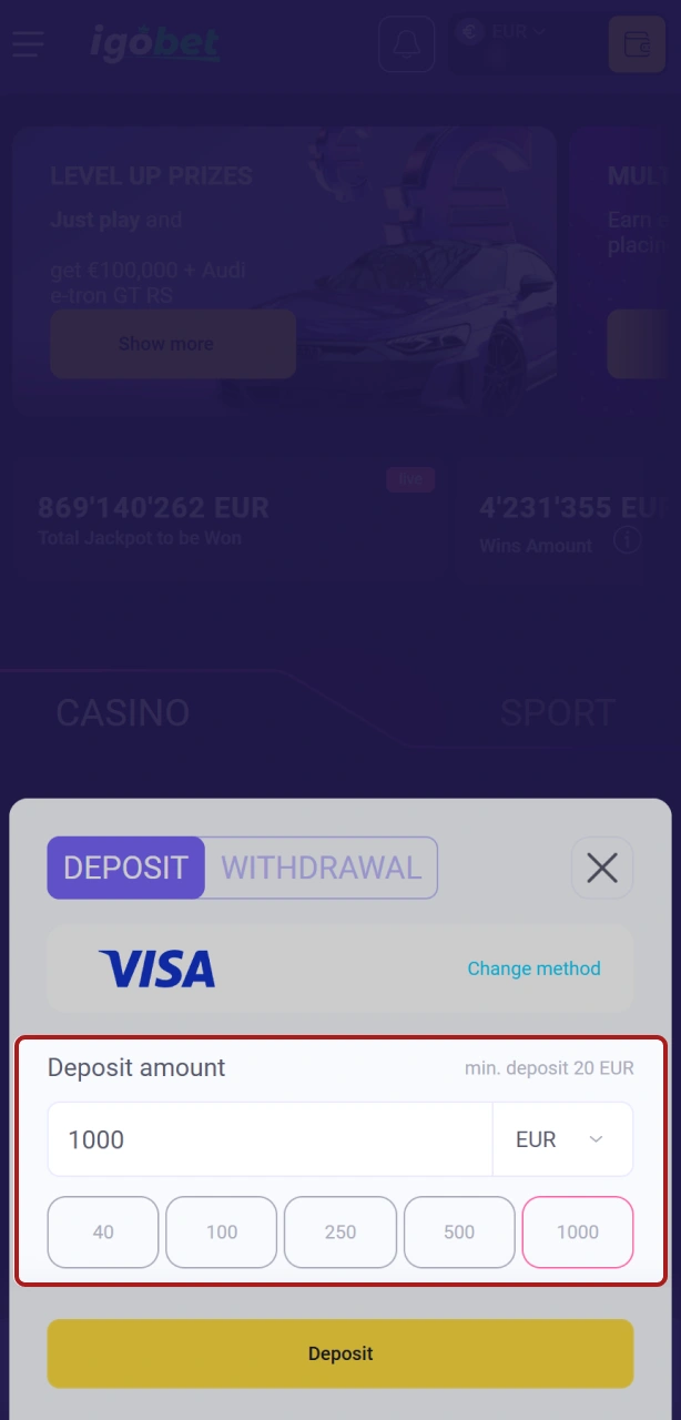 Voer het gewenste stortingsbedrag in op het officiële platform van IgoBet.