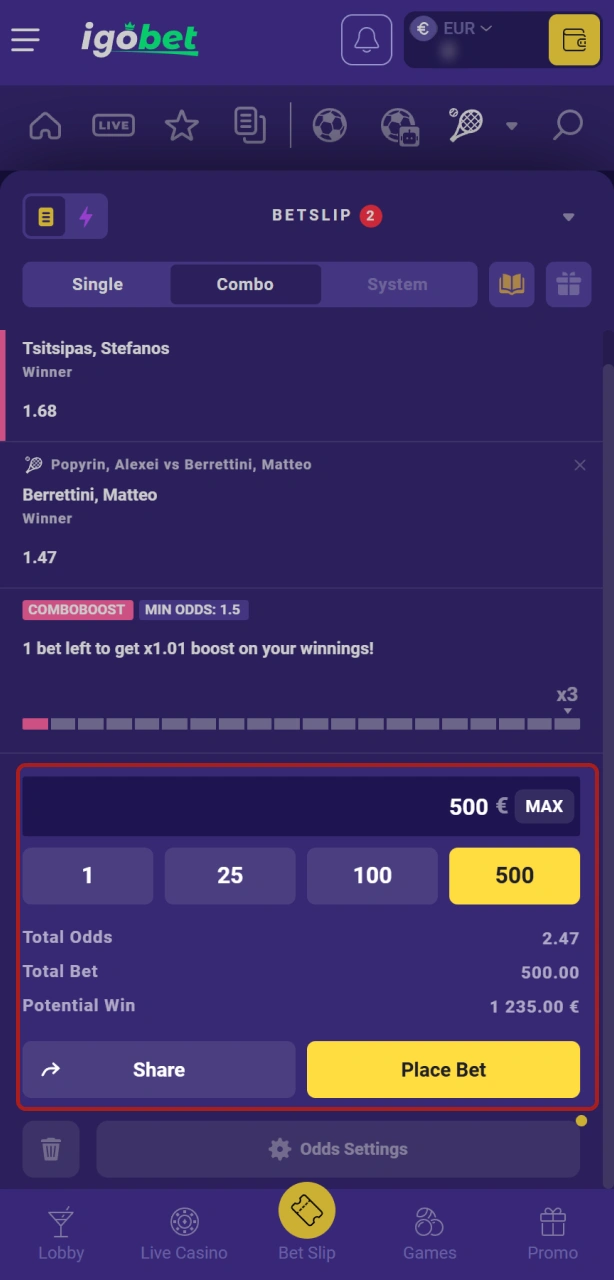 Bevestig je inzet op tennis en win grote prijzen via de IgoBet interface.