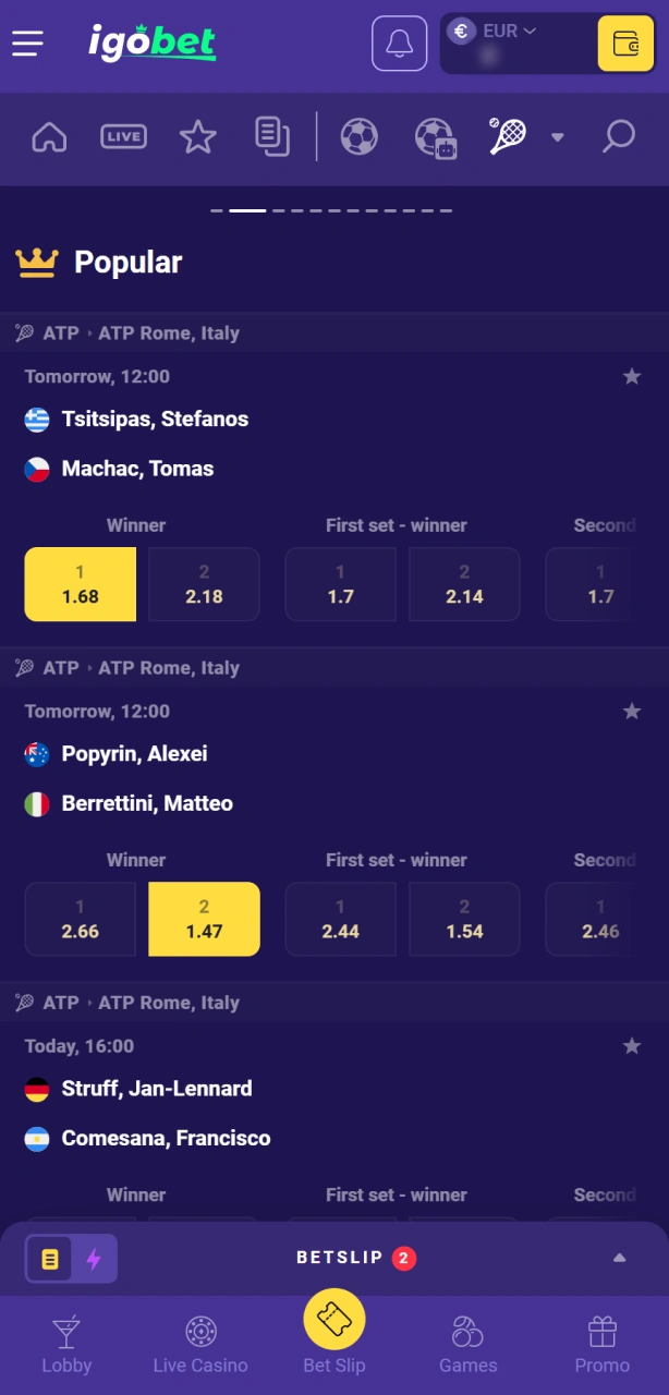 Kies een markt en selecteer je weddenschap voor de spannendste tennis wedstrijden bij IgoBet.