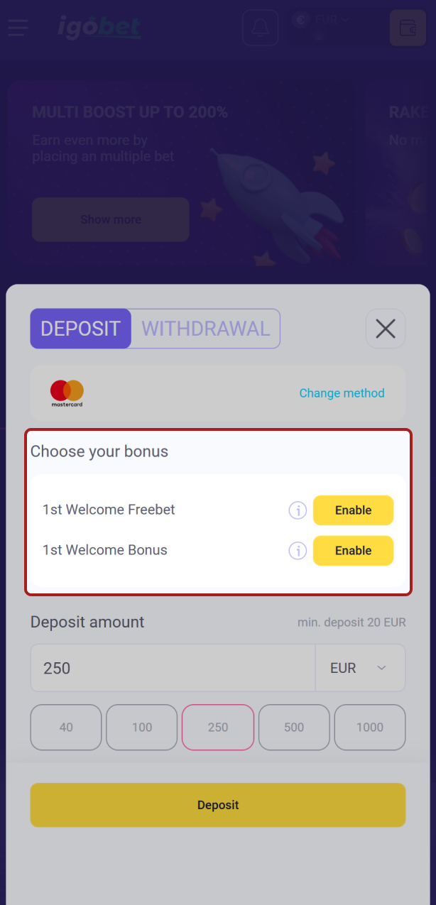 Activeer de bonus in je profiel en verhoog je saldo met de Igobet welkomstbonus.